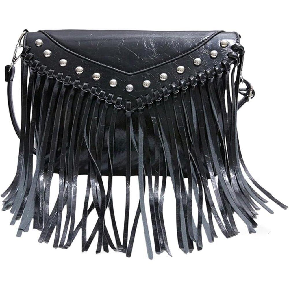 Women's Faux Leather Crossbody Bag Flap Fringe Rivet Y2K Clutch Handbag